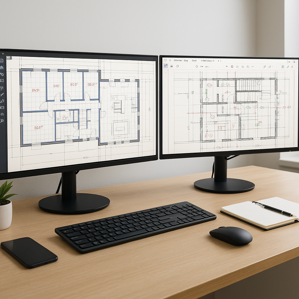 A modern construction estimator's desk with dual monitors displaying an AI-powered takeoff software interface, with PDFs...