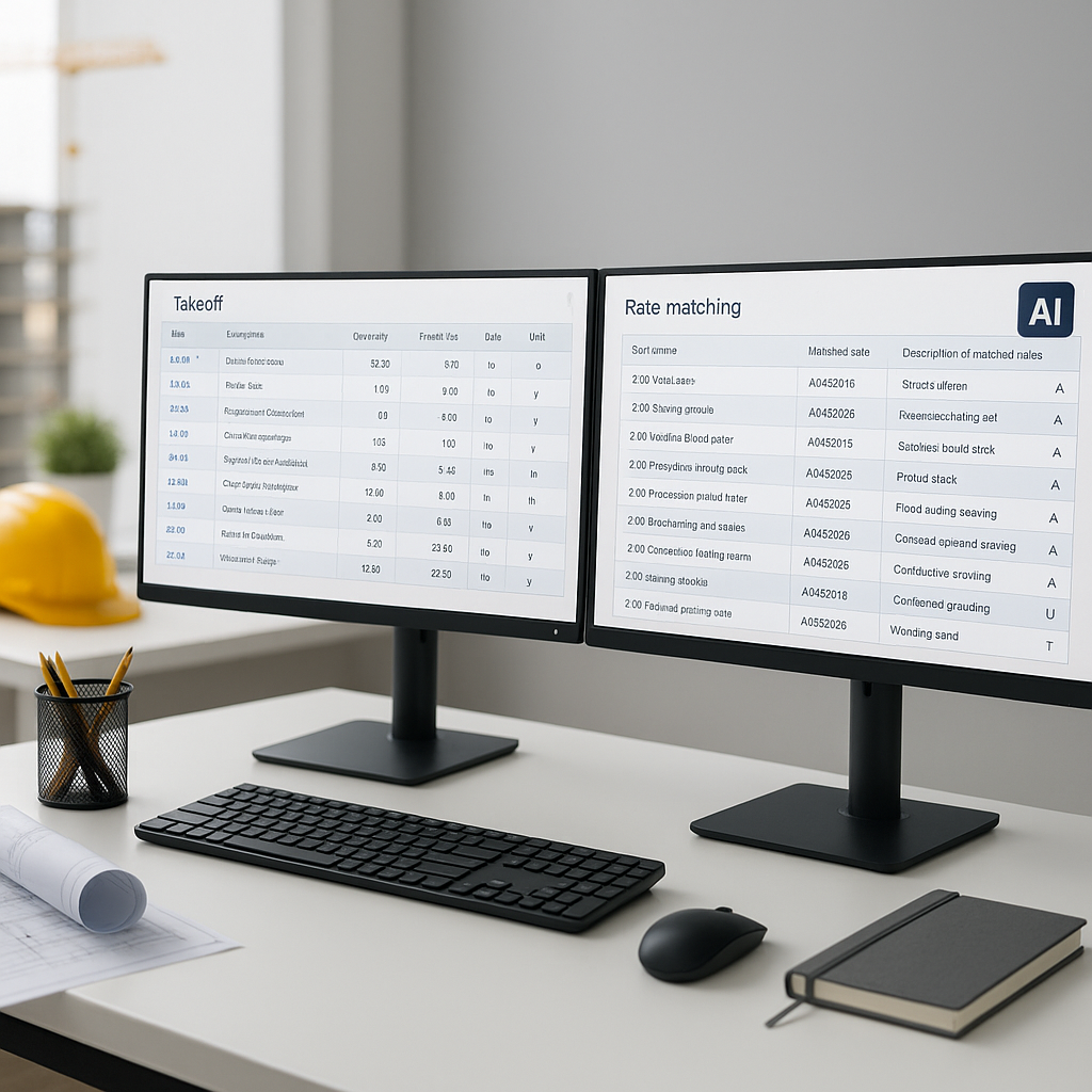 A modern construction estimator's desk with dual monitors displaying an AI-powered takeoff software interface, showing r...