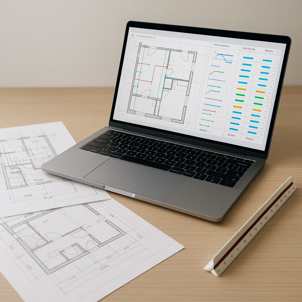 A construction estimator's desk with a laptop displaying AI-powered takeoff software, alongside printed construction dra...