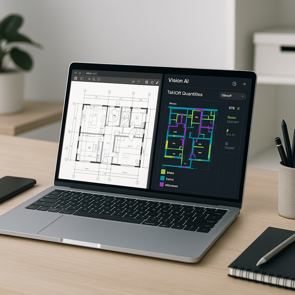 A modern construction estimator's desk with PDF drawings displayed on a laptop screen, alongside Vision AI software show...