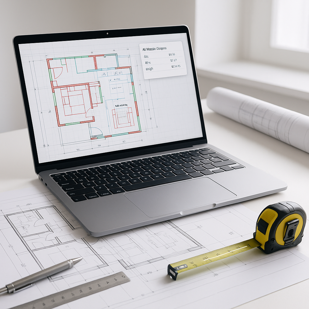 A construction estimator's desk with a laptop showing AI-powered takeoff software, alongside blueprints and measuring to...