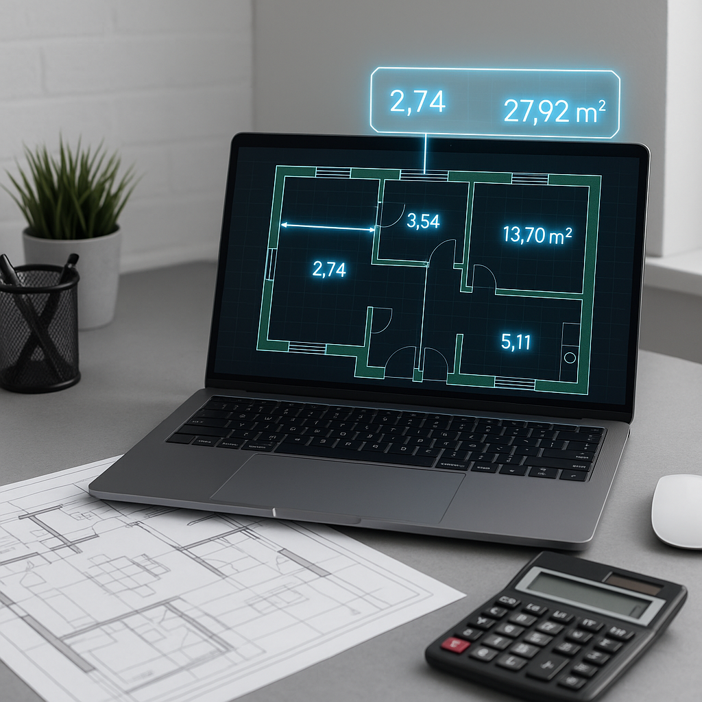 A modern estimator's desk with a laptop displaying automated quantity takeoff software. A blueprint and a calculator sit...