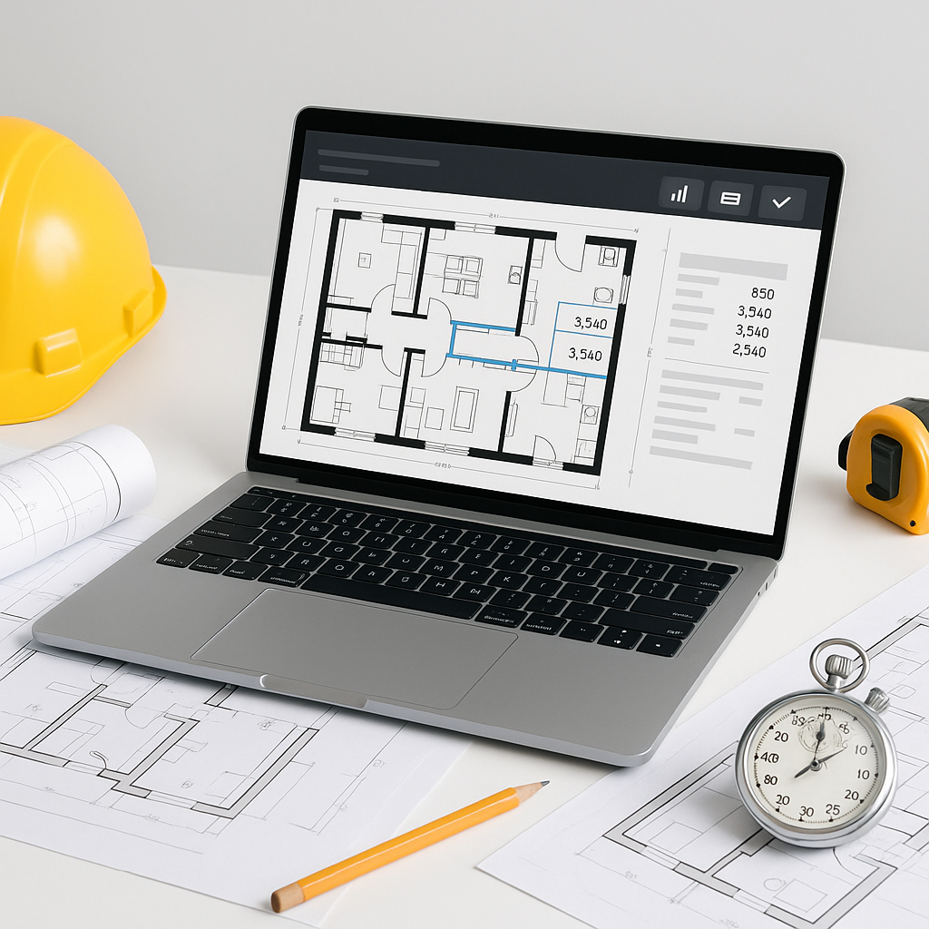 A construction estimator's desk with blueprints, a laptop showing an AI-powered takeoff tool, and a stopwatch showing 10...