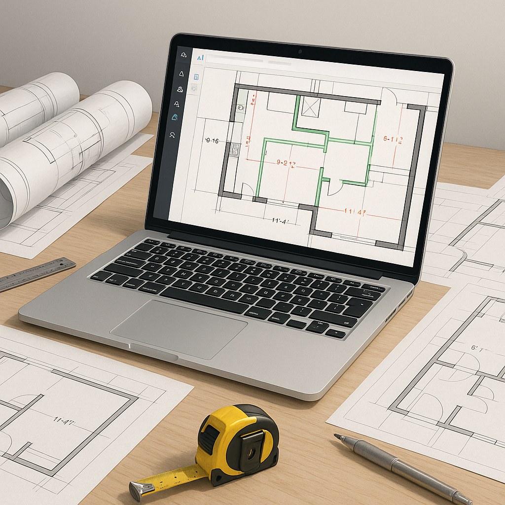 A realistic illustration of a construction estimator's desk with a laptop showing AI-powered takeoff software analyzing...