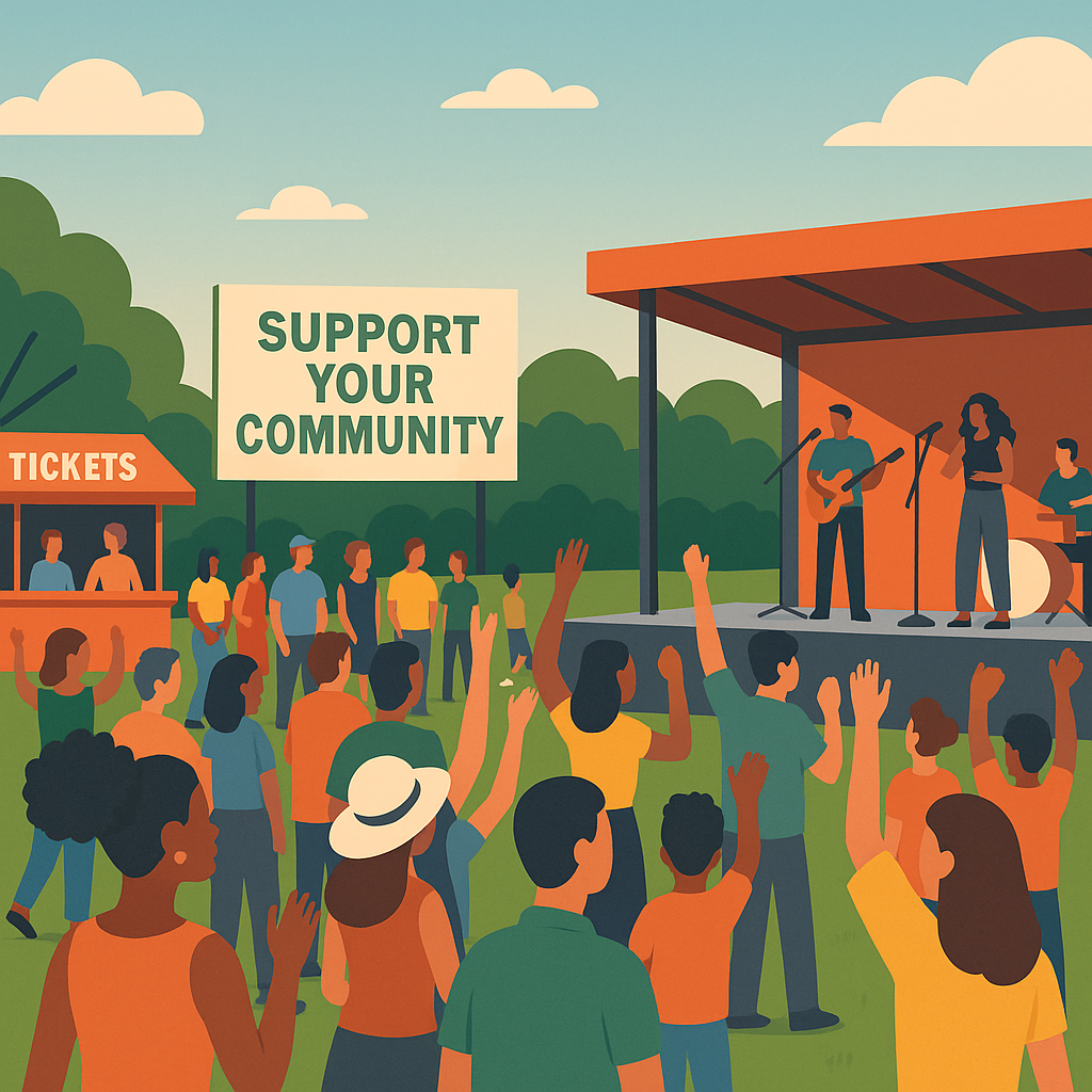 A vibrant community event with a diverse crowd enjoying a concert in a park, ticketing booths visible in the background,...