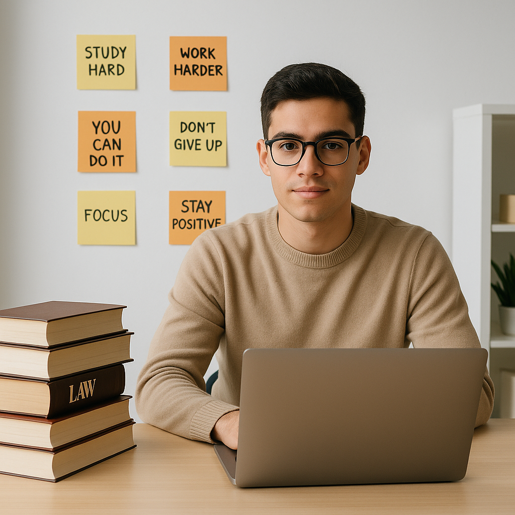 A young law student sitting at a desk with stacks of books and a laptop, surrounded by motivational sticky notes, in a m...