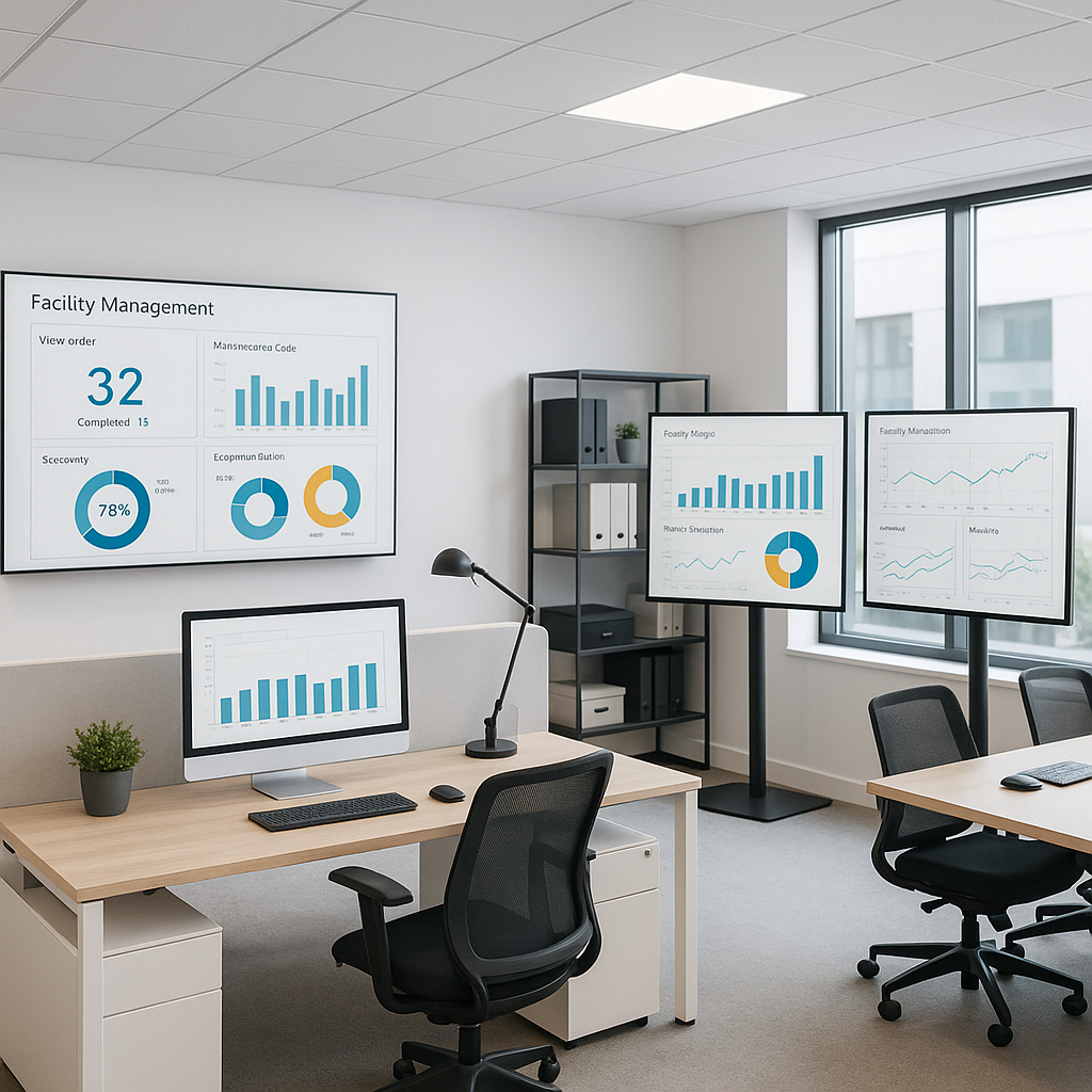 A modern office facility with a clean, organized workspace, featuring digital screens displaying facility management das...