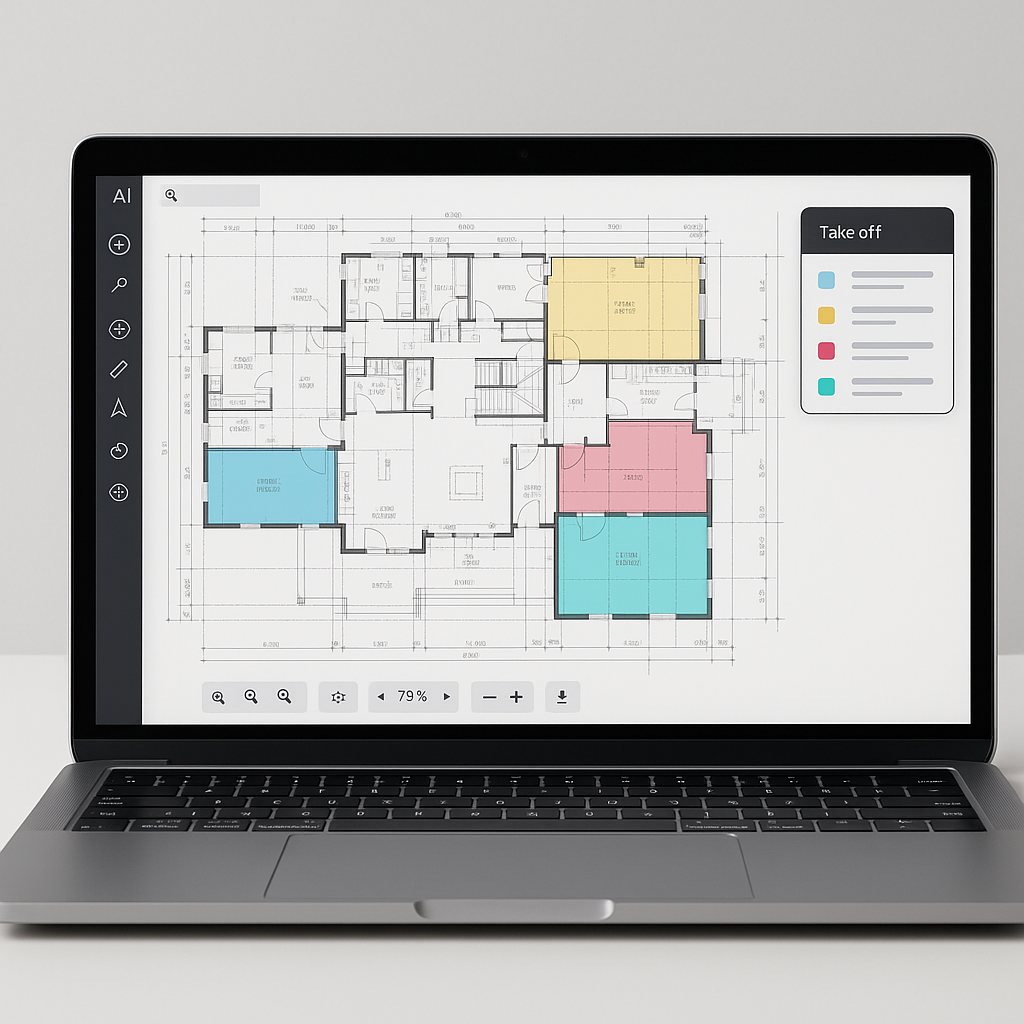 A laptop screen showing AI-powered construction estimation software analyzing a complex building blueprint with highligh...