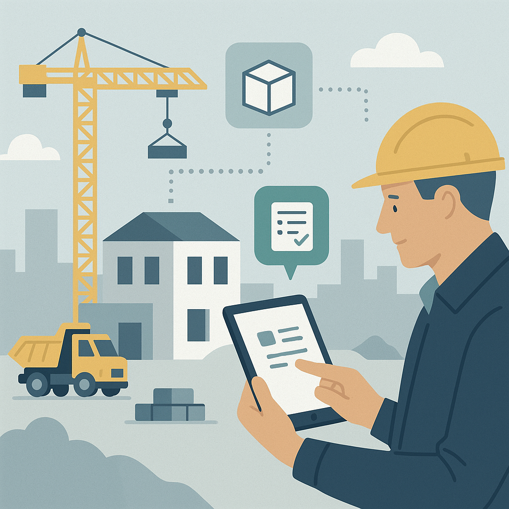 An illustration of a construction project site with interconnected digital workflows, showing a contractor approving a m...
