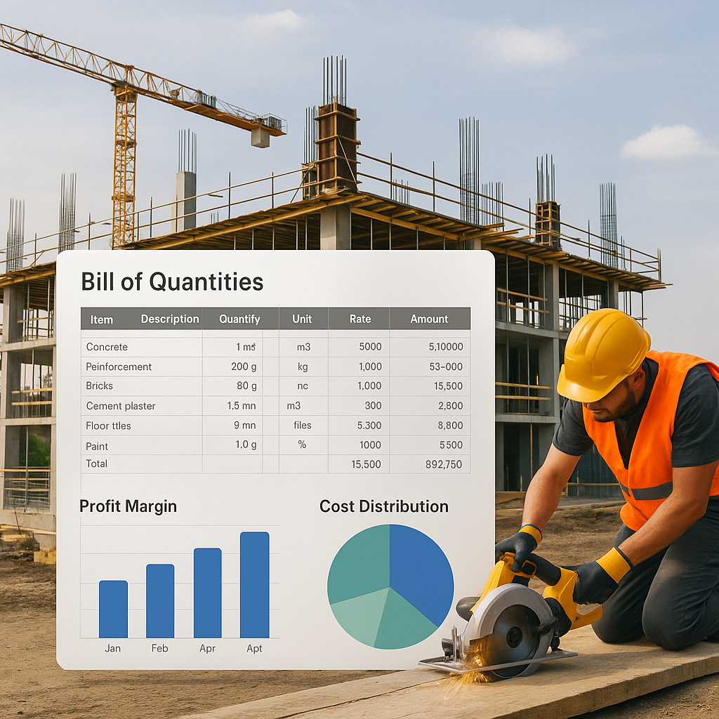 A construction site with a detailed BOQ spreadsheet overlay, showing profit margin analysis graphs and tools in action.