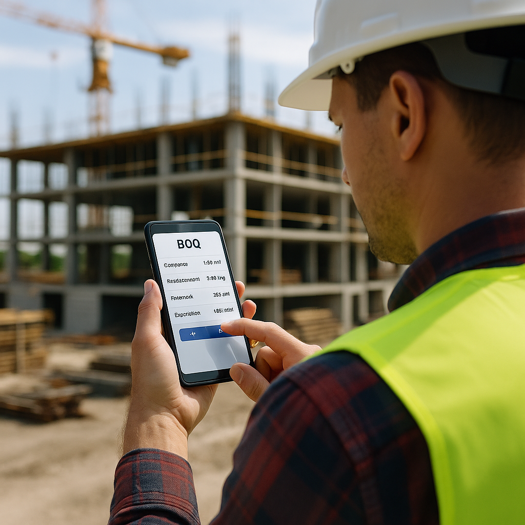 A construction site with a contractor using a mobile app to input BOQ details; include visible quantities and rates on t...