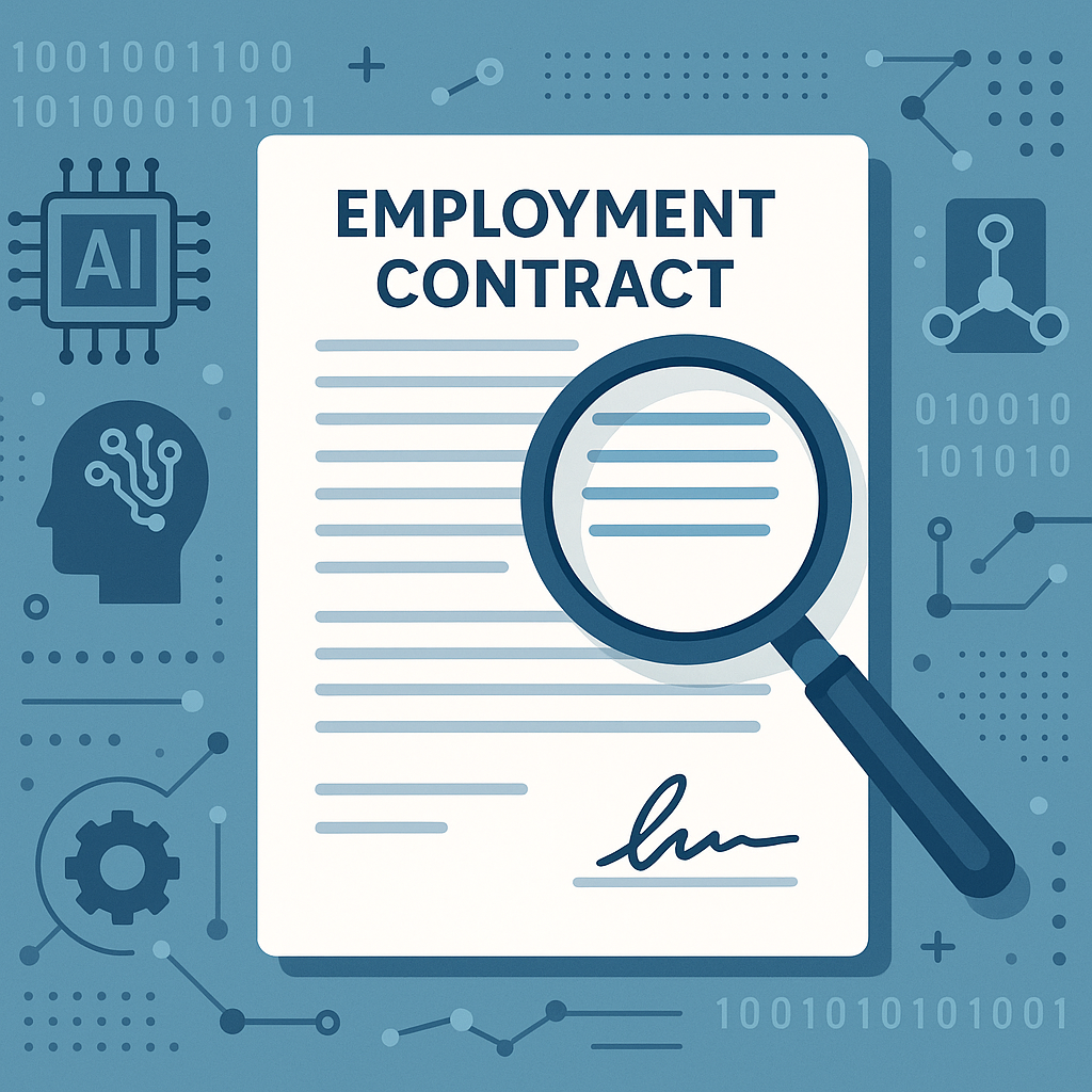 A visually detailed illustration of an employment contract with magnifying glass focusing on a specific clause, surround...