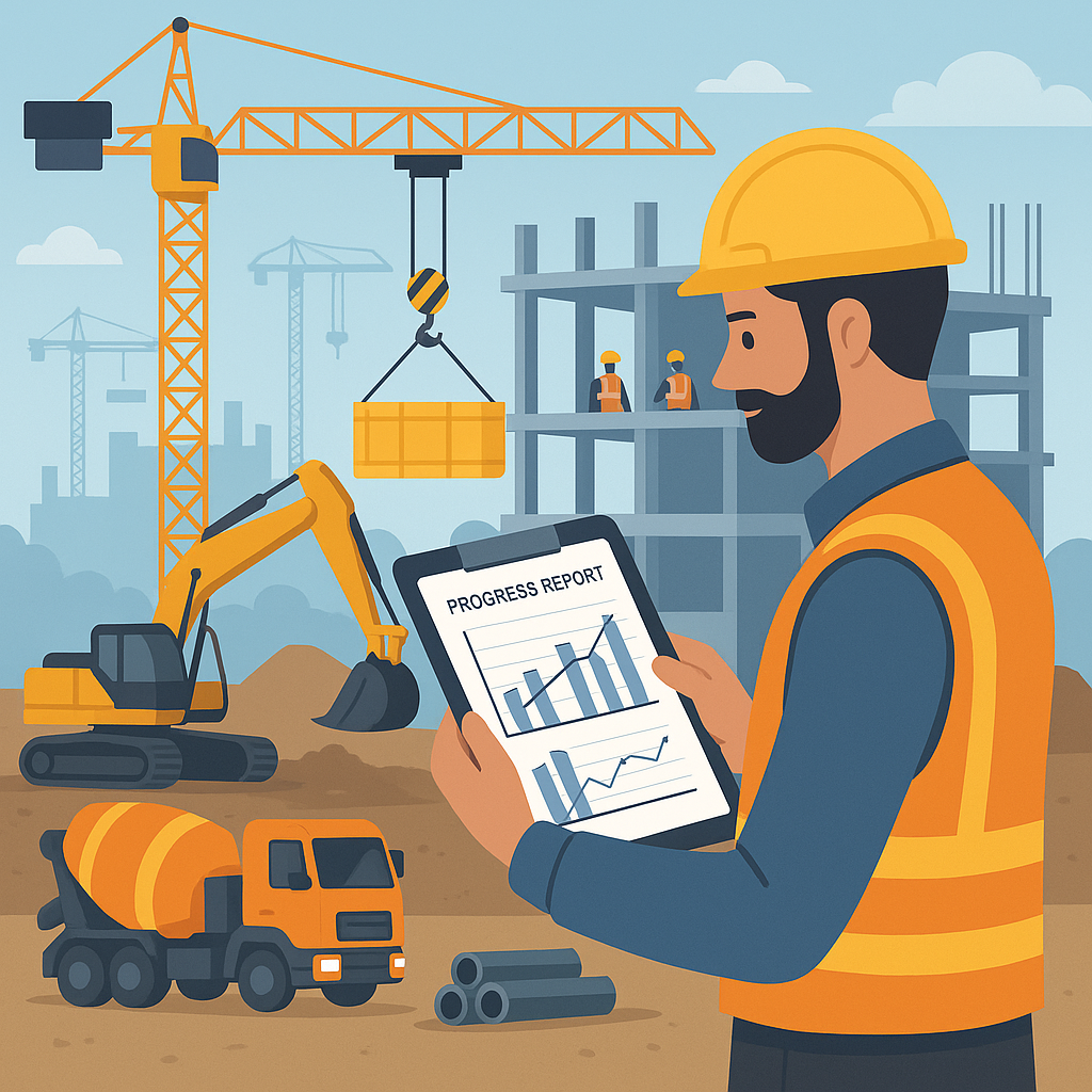 A detailed illustration of a construction site with a subcontractor reviewing a progress report, showing measurement-bas...