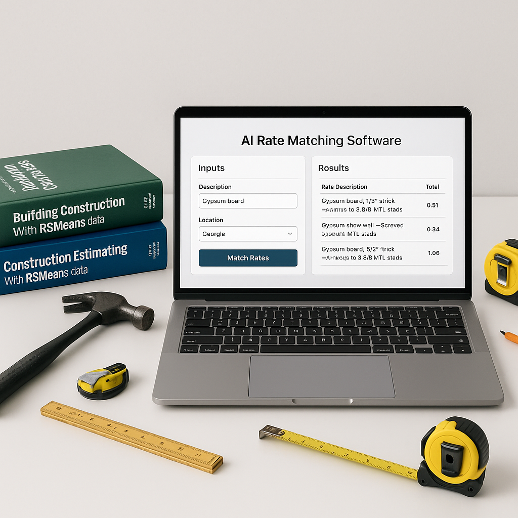 A modern construction estimator's desk with a laptop showing an AI-powered rate matching software interface, surrounded...