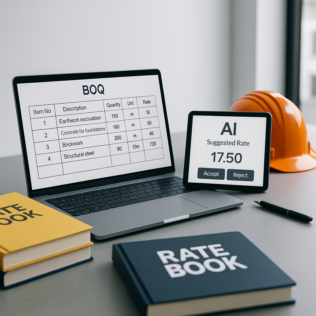 A construction estimator's desk with a BOQ spreadsheet open on a laptop, surrounded by rate books, with an AI software i...