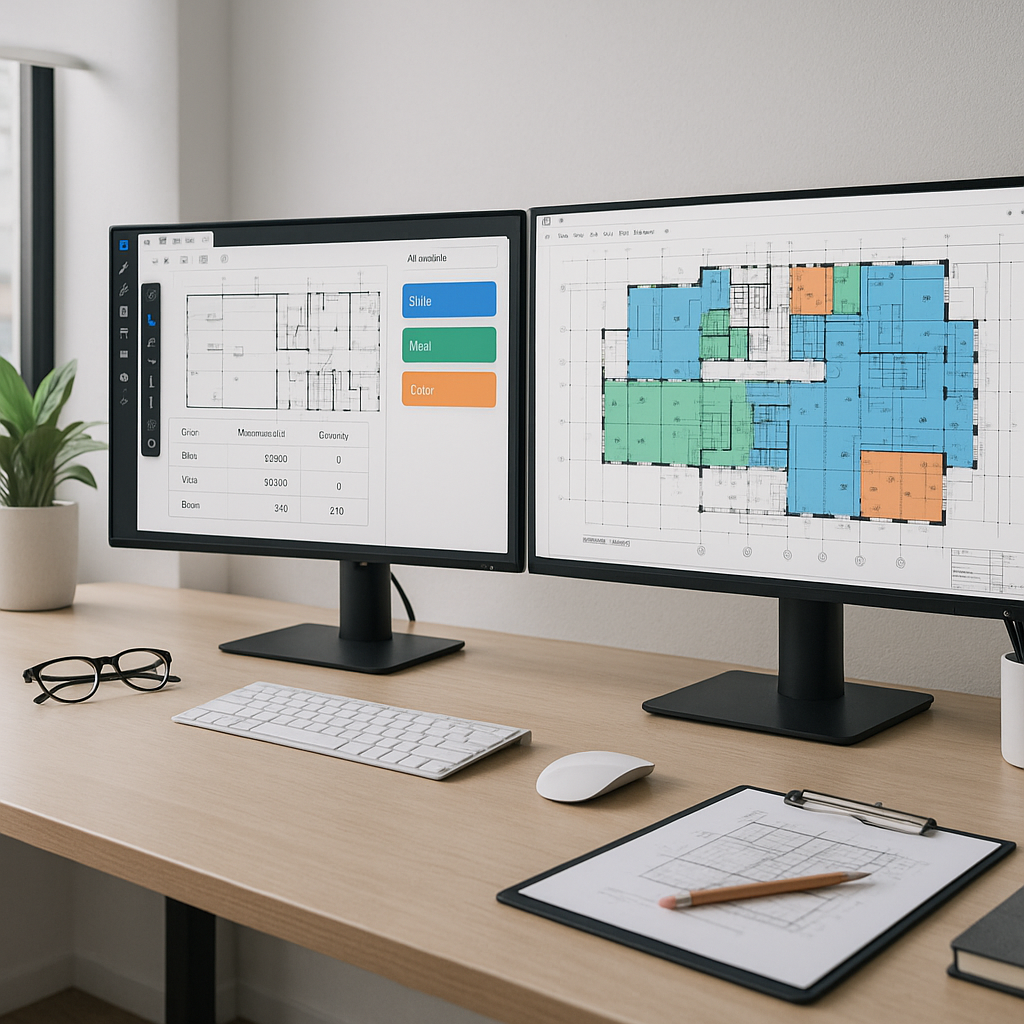 A modern construction estimator's desk with dual monitors displaying AI-powered takeoff software analyzing a complex bui...