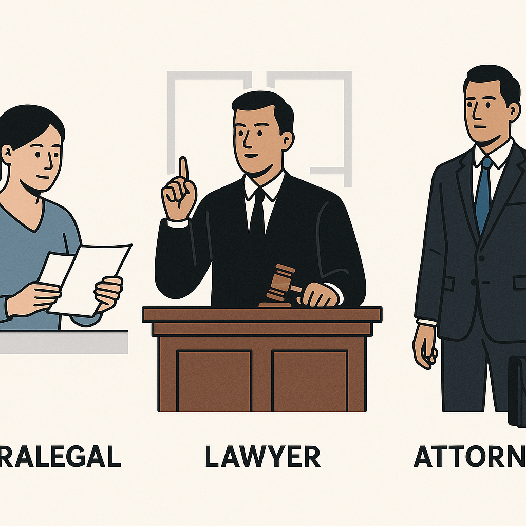 A professional illustration showing three distinct personas: a paralegal reviewing documents, a lawyer in a courtroom, a...