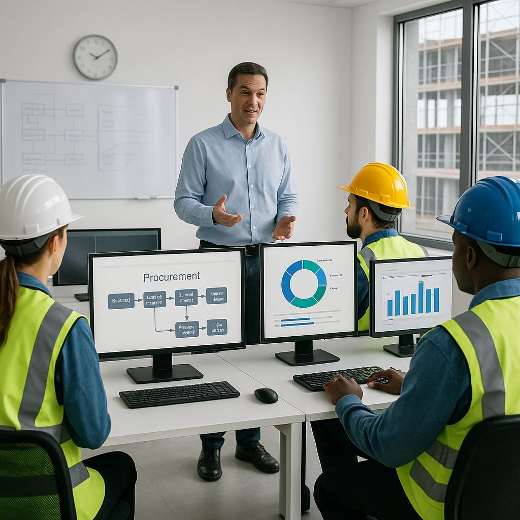 A construction site office with workers attending an ERP training session, computers showing procurement workflows, and...