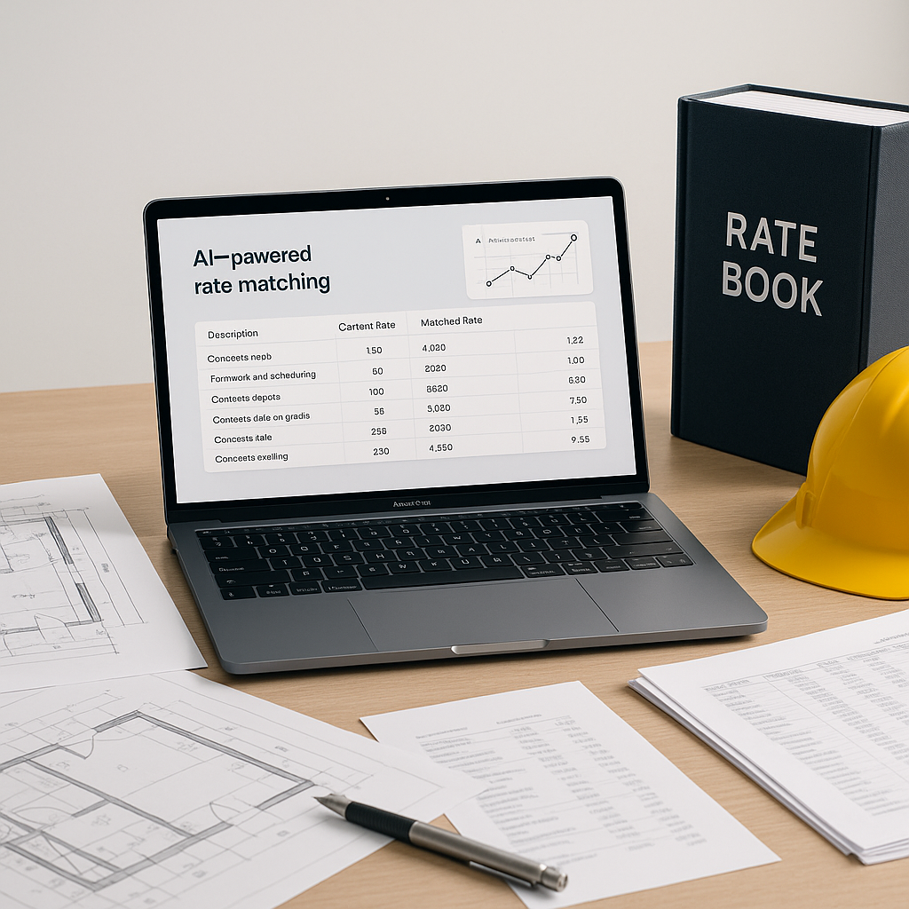 A modern estimator's desk with a laptop showing an AI-powered rate matching software, surrounded by construction documen...