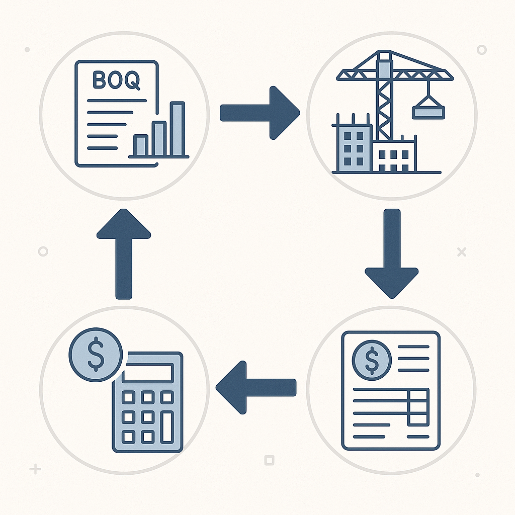 A detailed illustration of a construction project BOQ flowchart, showing stages from cost estimation to billing accuracy...