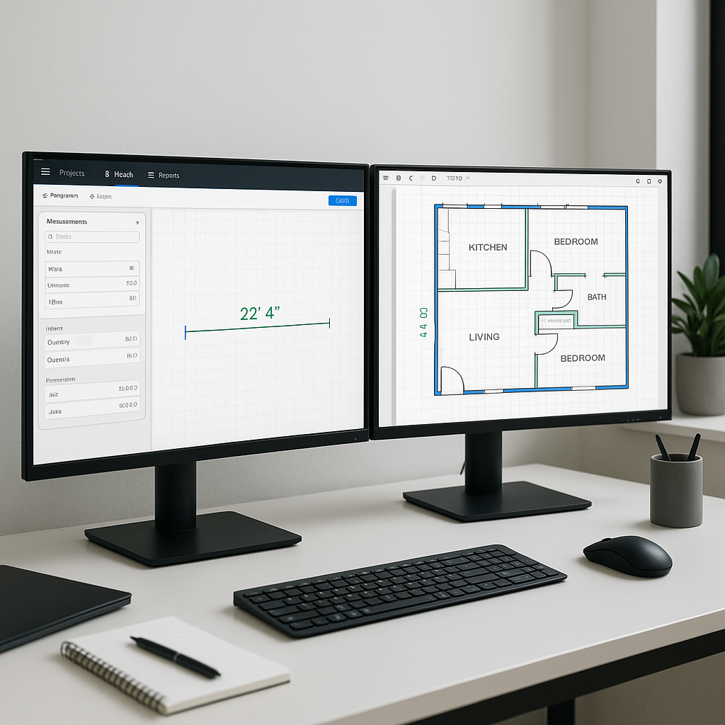 A clean, modern construction estimator's desk with dual monitors displaying an AI-powered takeoff software interface, sh...