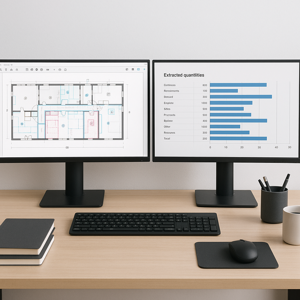 A modern construction estimator's desk featuring dual monitors: one displaying a PDF drawing with AI takeoff annotations...
