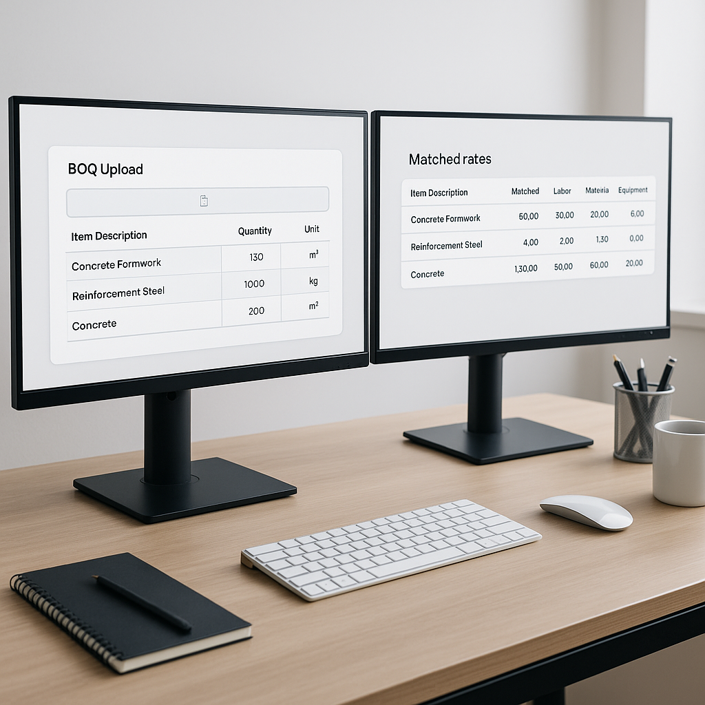 A modern construction estimator's desk with dual monitors displaying AI-powered rate matching software. One screen shows...