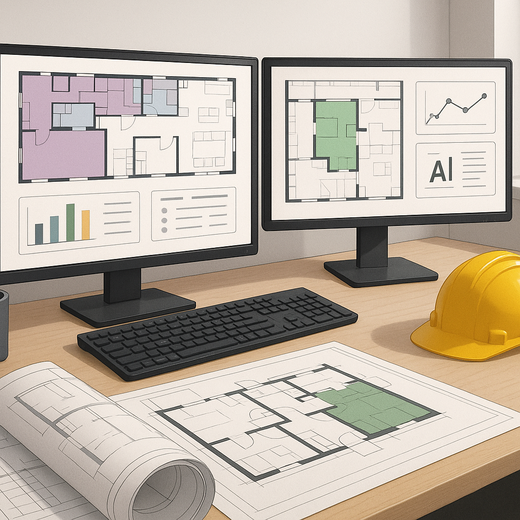 A realistic illustration of a construction estimator's desk with dual monitors displaying AI-powered takeoff software, a...
