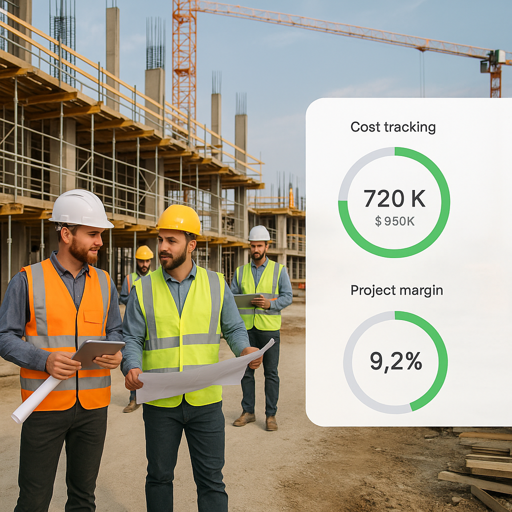 A detailed construction site with workers and subcontractors, featuring a live dashboard-style overlay showing cost trac...