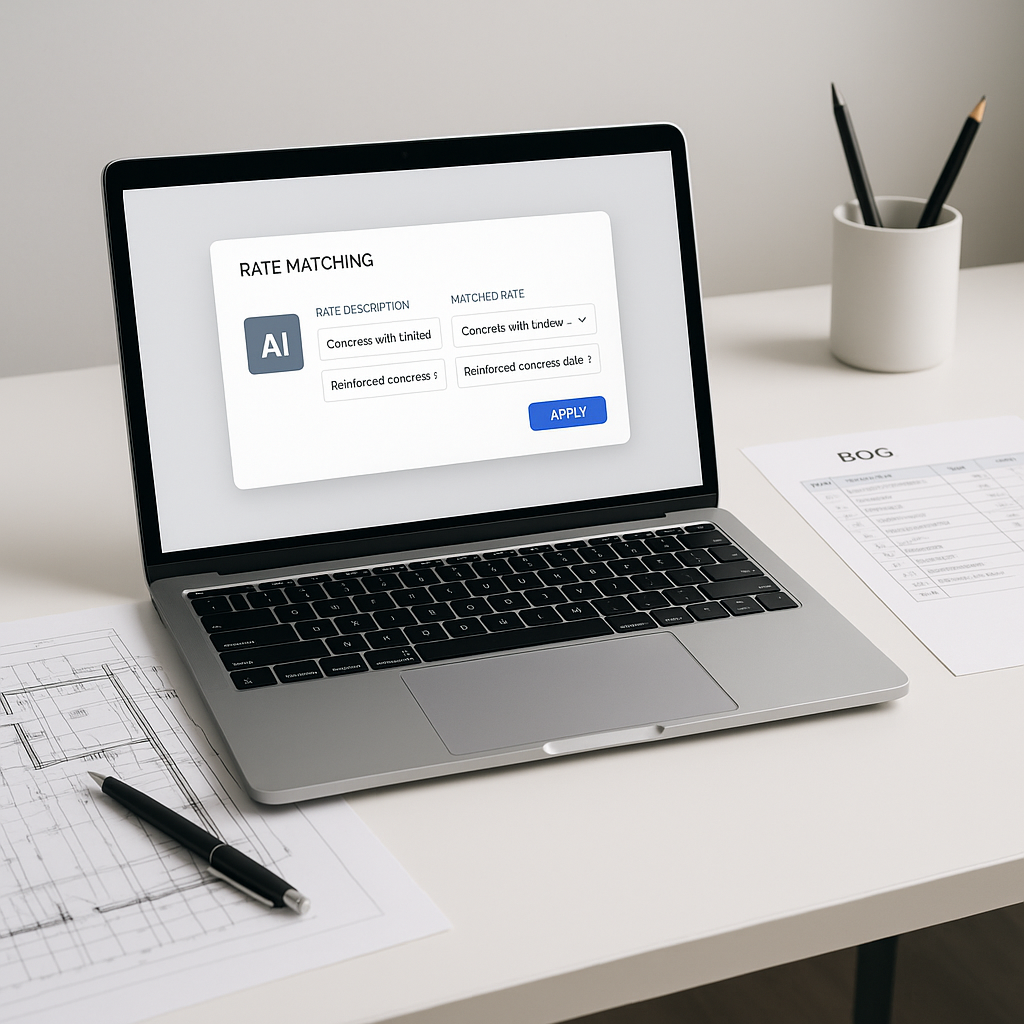 A modern construction estimator's desk with a laptop showing an AI-powered rate matching interface, with construction dr...