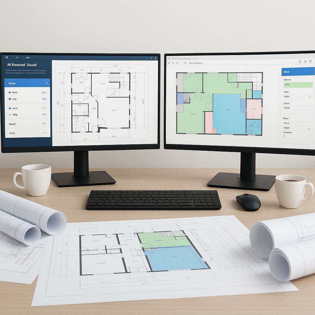 A construction estimator's desk with dual monitors showing AI-powered takeoff software analyzing a PDF drawing, surround...