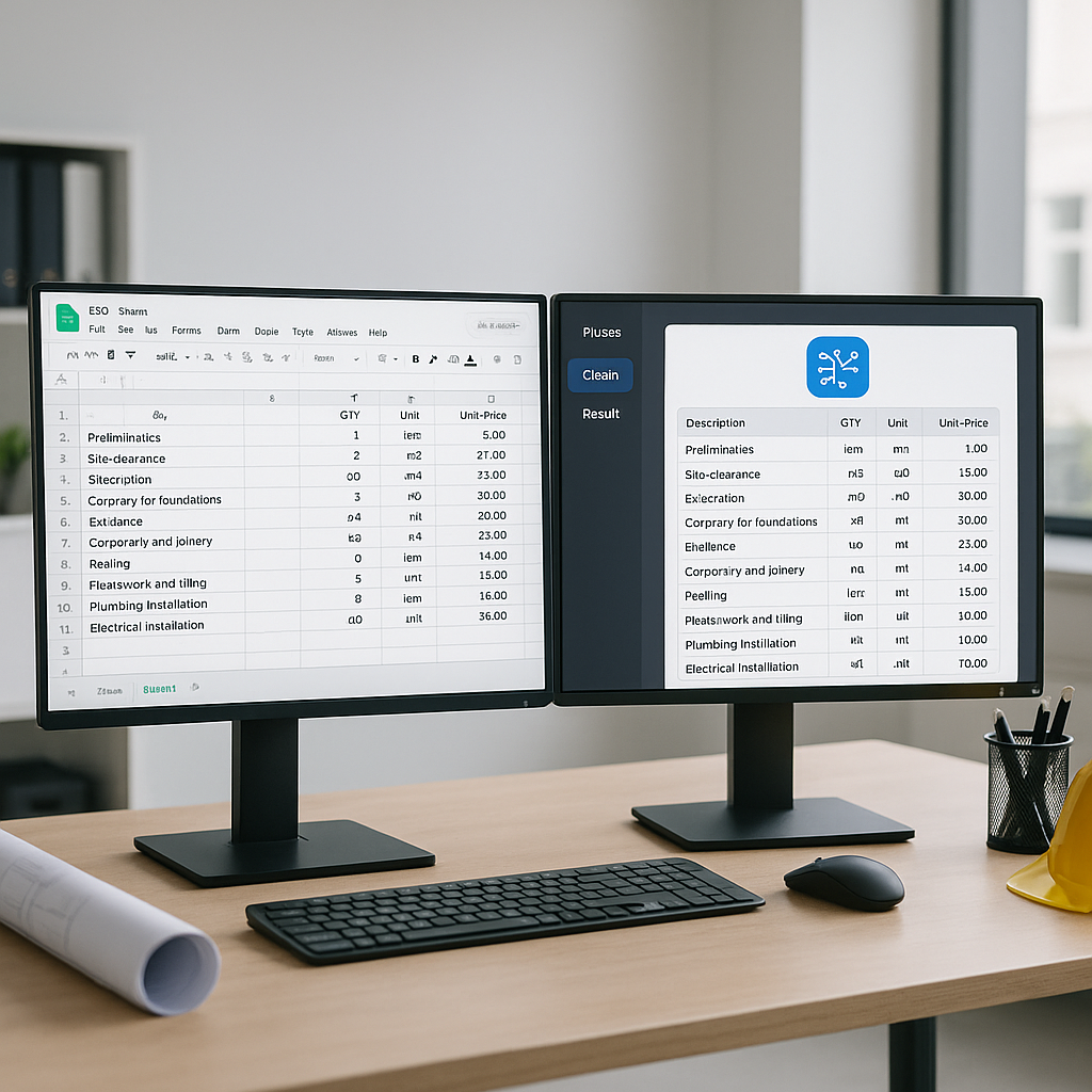 A construction estimator's desk with dual monitors showing a BOQ file being automatically parsed and cleaned by AI softw...