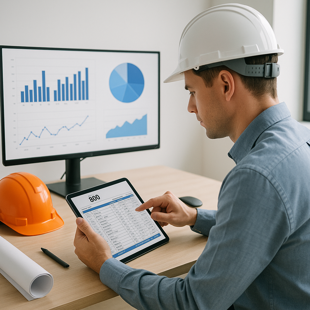 A construction project manager at a desk, reviewing a digital BOQ on a tablet, with charts and graphs displayed on a mon...