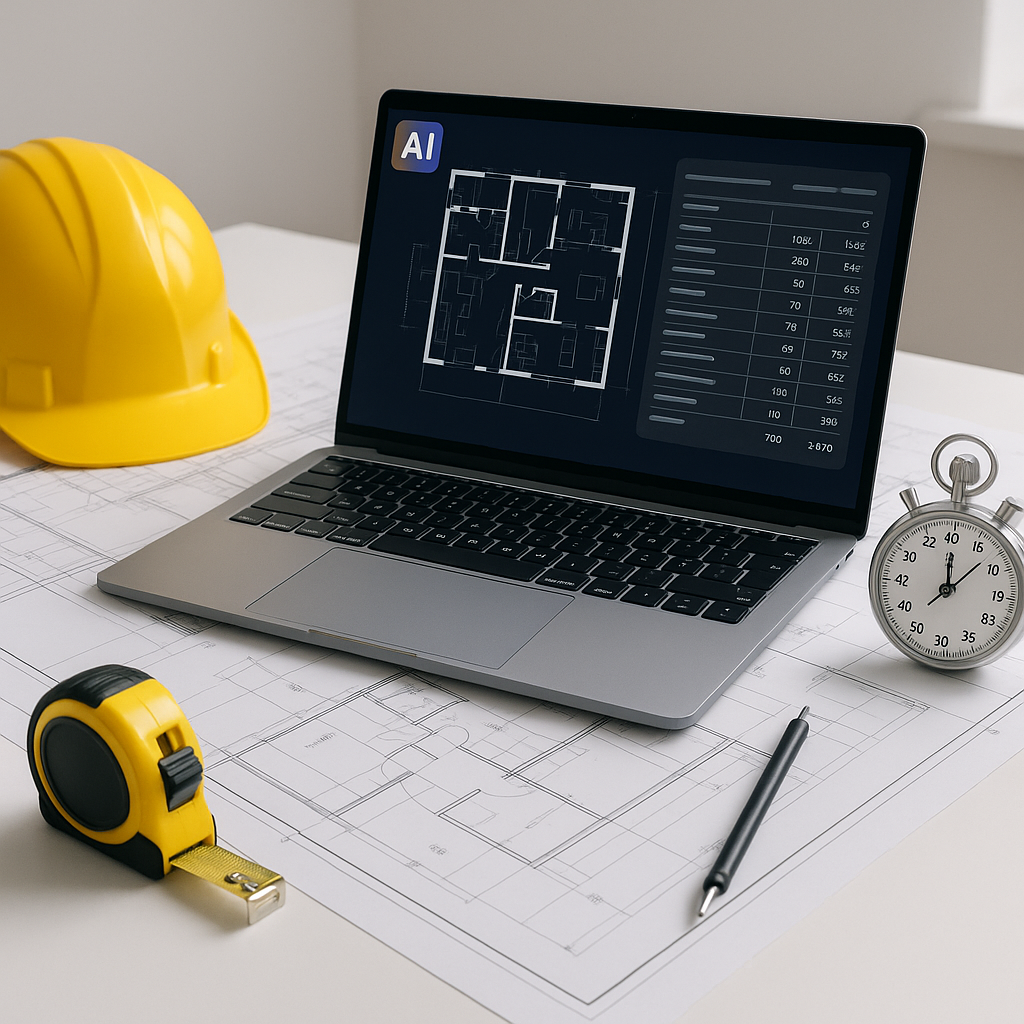A construction estimator's desk with blueprints, a laptop running AI-powered takeoff software, and a timer showing 10 mi...