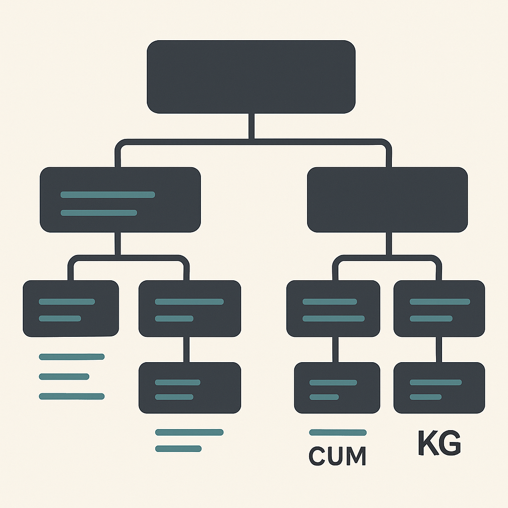 A detailed illustration of a civil engineering Bill of Quantities (BOQ) hierarchy, showing grouped items under sections...