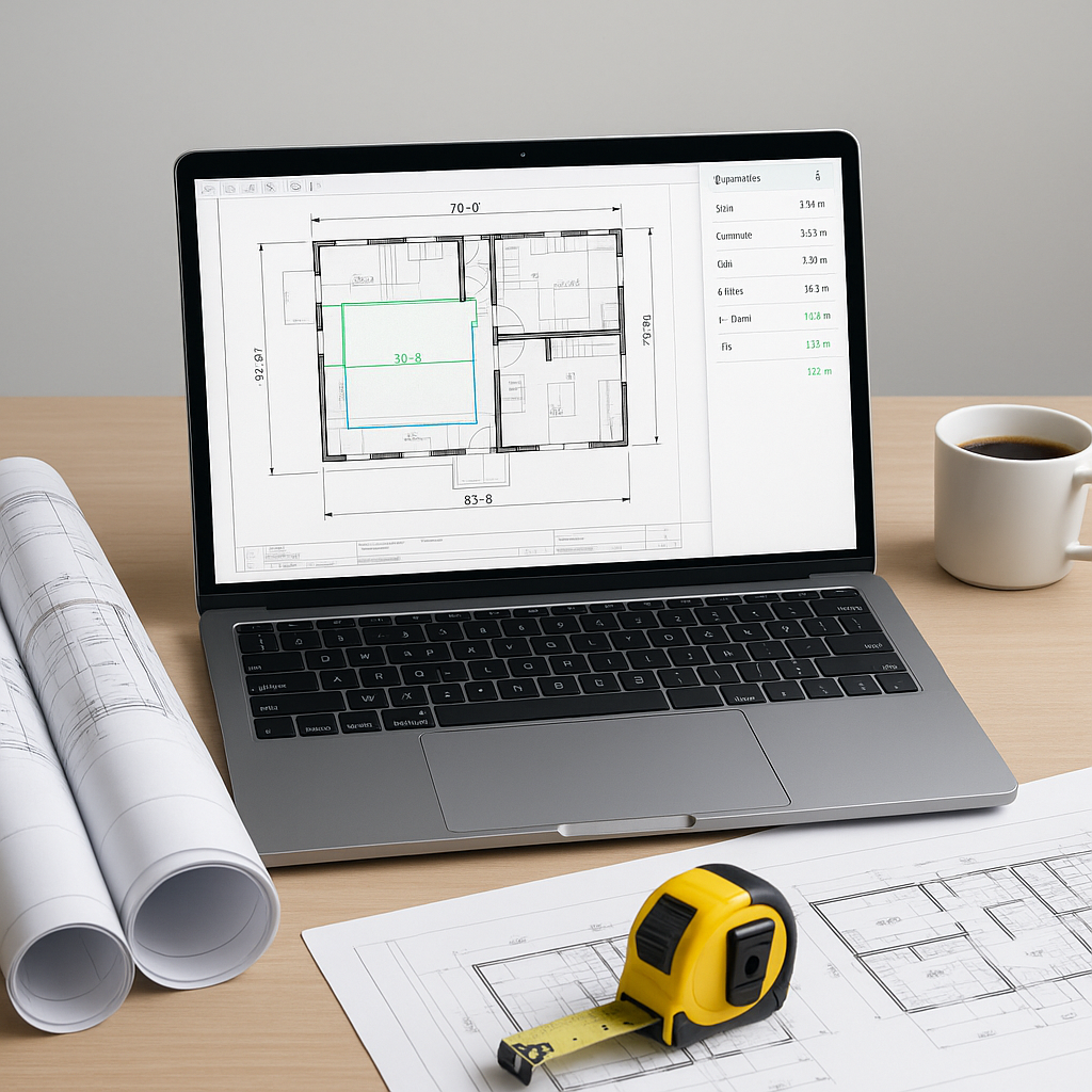 A modern construction estimator's desk with a laptop running AI-powered takeoff software. The screen shows PDF drawings...