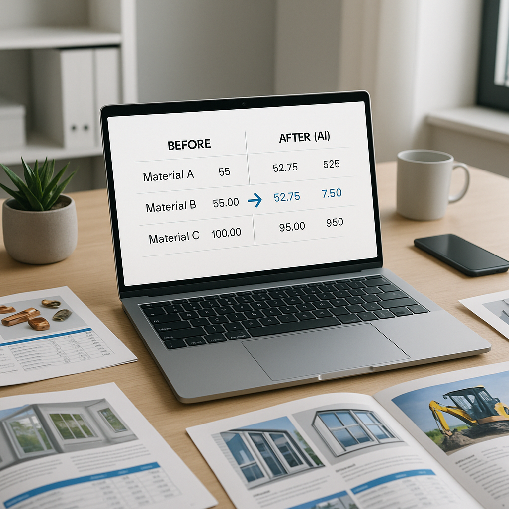 A modern estimator's desk with a laptop showing an AI-powered rate matching tool. Include catalog PDFs scattered around...