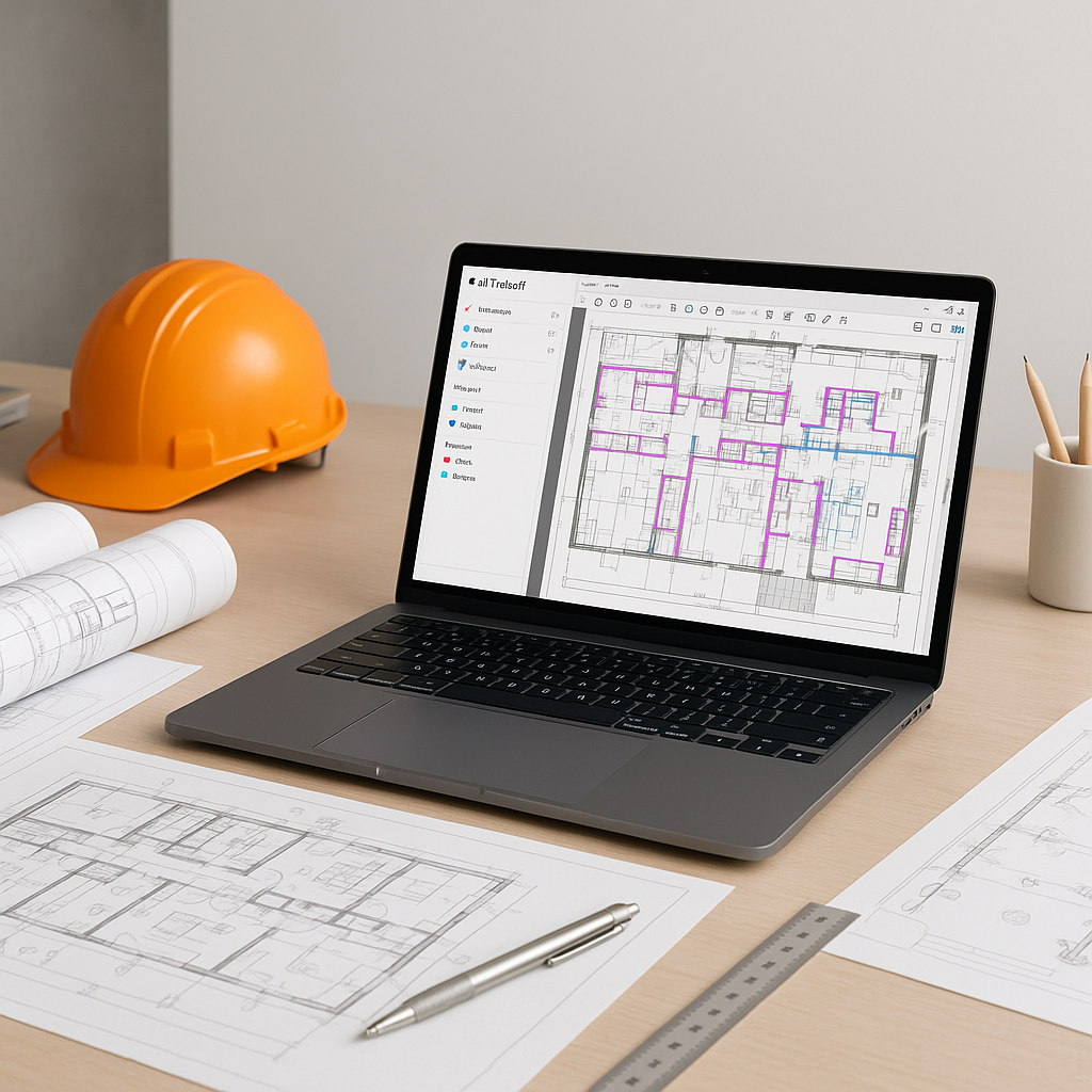 A construction estimator's desk with blueprints and a laptop displaying AI-powered takeoff software analyzing a detailed...