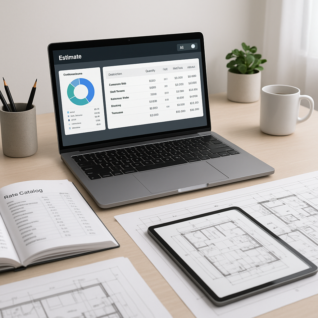 An estimator's desk with a laptop displaying an AI-powered construction estimation tool, open rate catalog pages, and a...