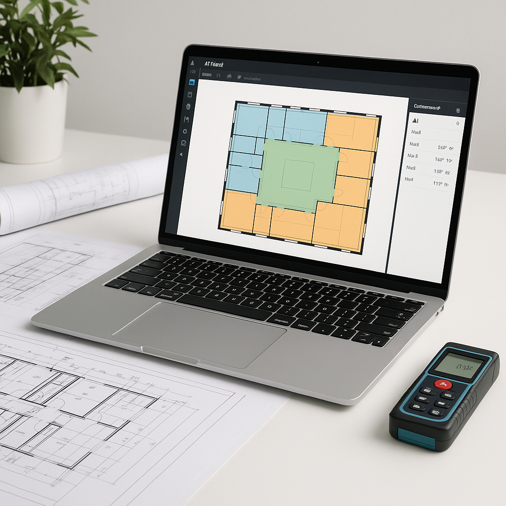 A construction estimator's desk with a laptop displaying an AI-powered takeoff software, alongside blueprints and a digi...