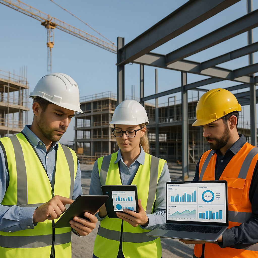 A modern construction site with workers using tablets and laptops to monitor real-time cost tracking dashboards. Include...
