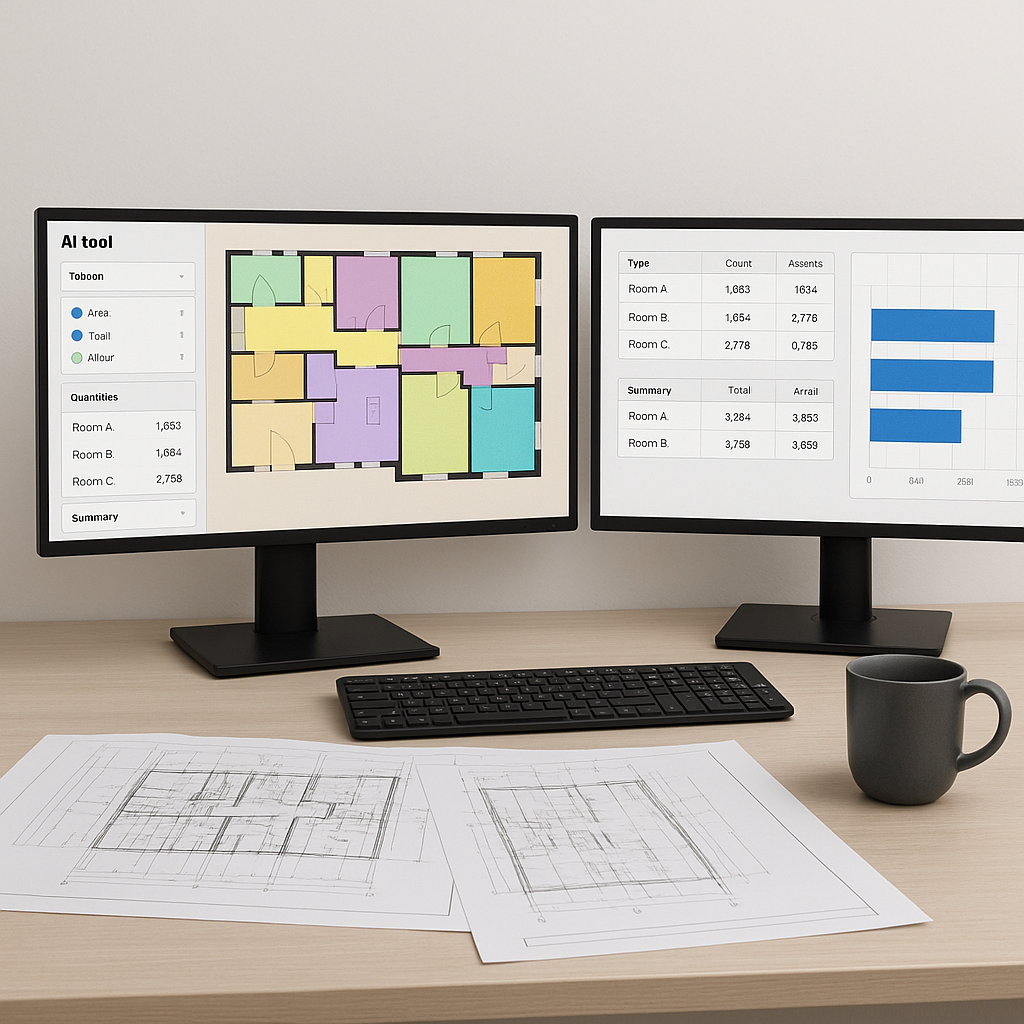 A construction estimator's desk with dual monitors showing an AI-powered takeoff software interface, alongside printed d...
