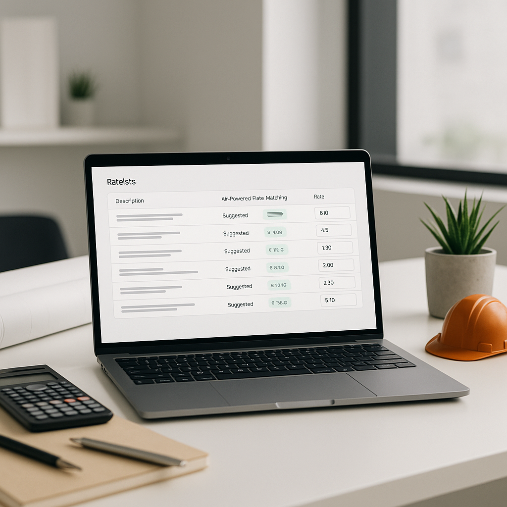 A modern construction estimator's desk with a laptop showing AI-powered rate matching software, featuring a clean interf...