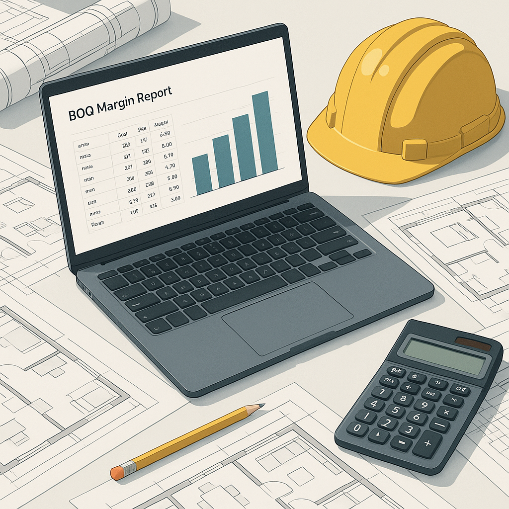 A detailed illustration of a contractor's desk with a laptop showing a BOQ margin report, surrounded by construction pla...