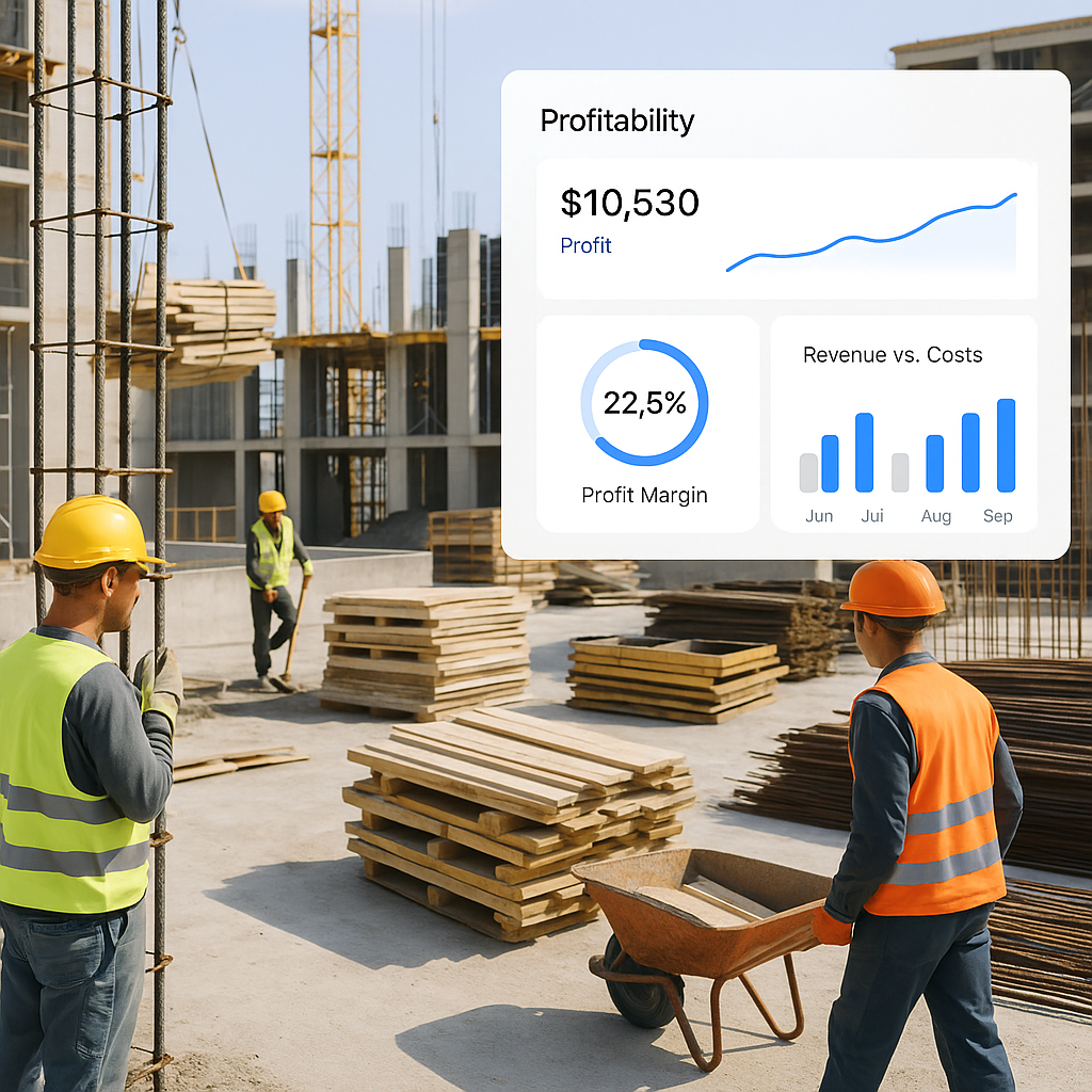 A construction site with workers managing materials, overlayed with a dashboard showing real-time profitability metrics.