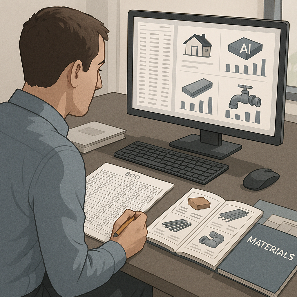 A realistic illustration showing a construction estimator at a desk with a BOQ spreadsheet, material catalogs, and a com...