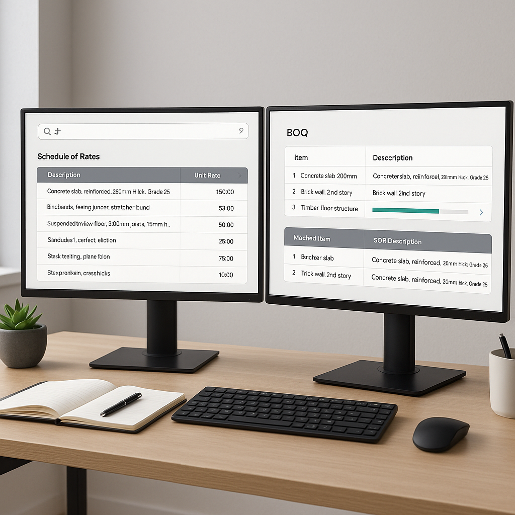 A modern construction estimator's desk with dual monitors displaying an AI-powered rate matching software interface. One...