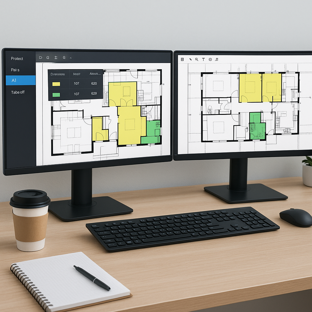 A construction estimator's desk with dual monitors displaying an AI-powered takeoff software interface, showing highligh...