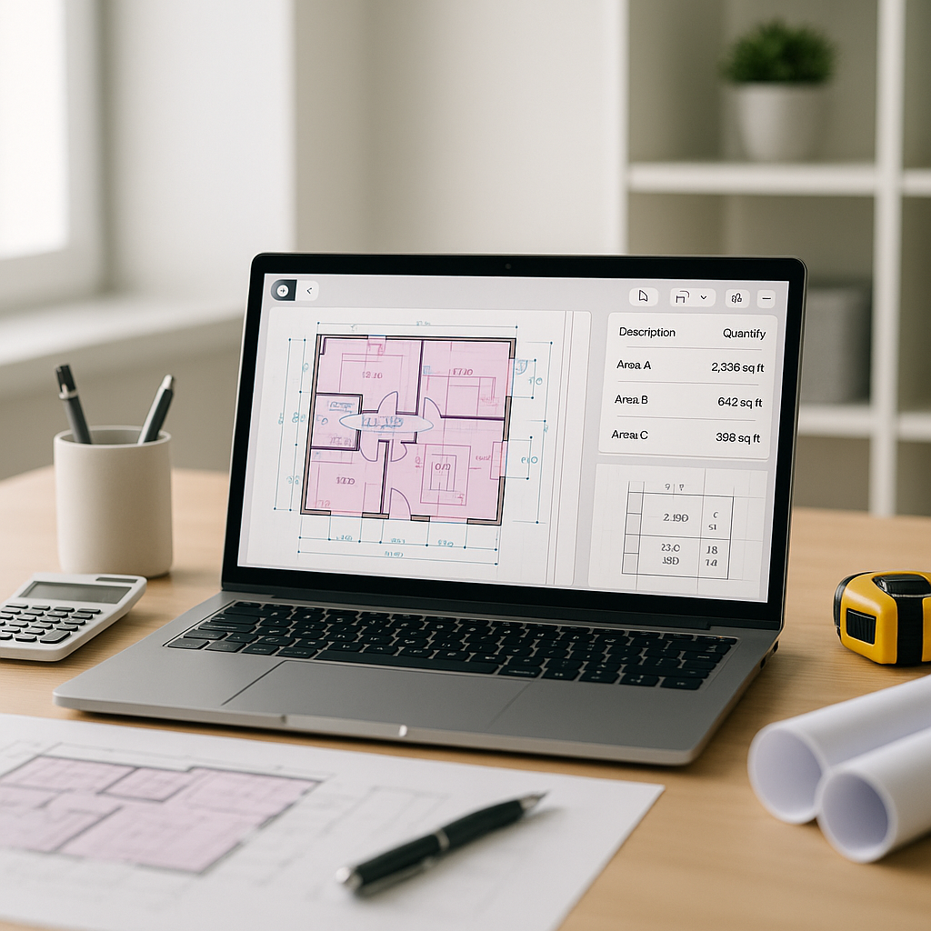 A modern construction estimator's desk with a laptop displaying an AI-powered takeoff software interface, showing annota...