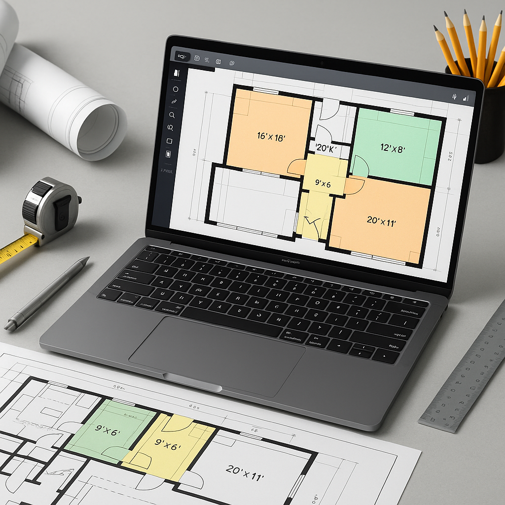 A construction estimator's desk showing blueprints, a laptop running AI-powered takeoff software, and highlighted measur...